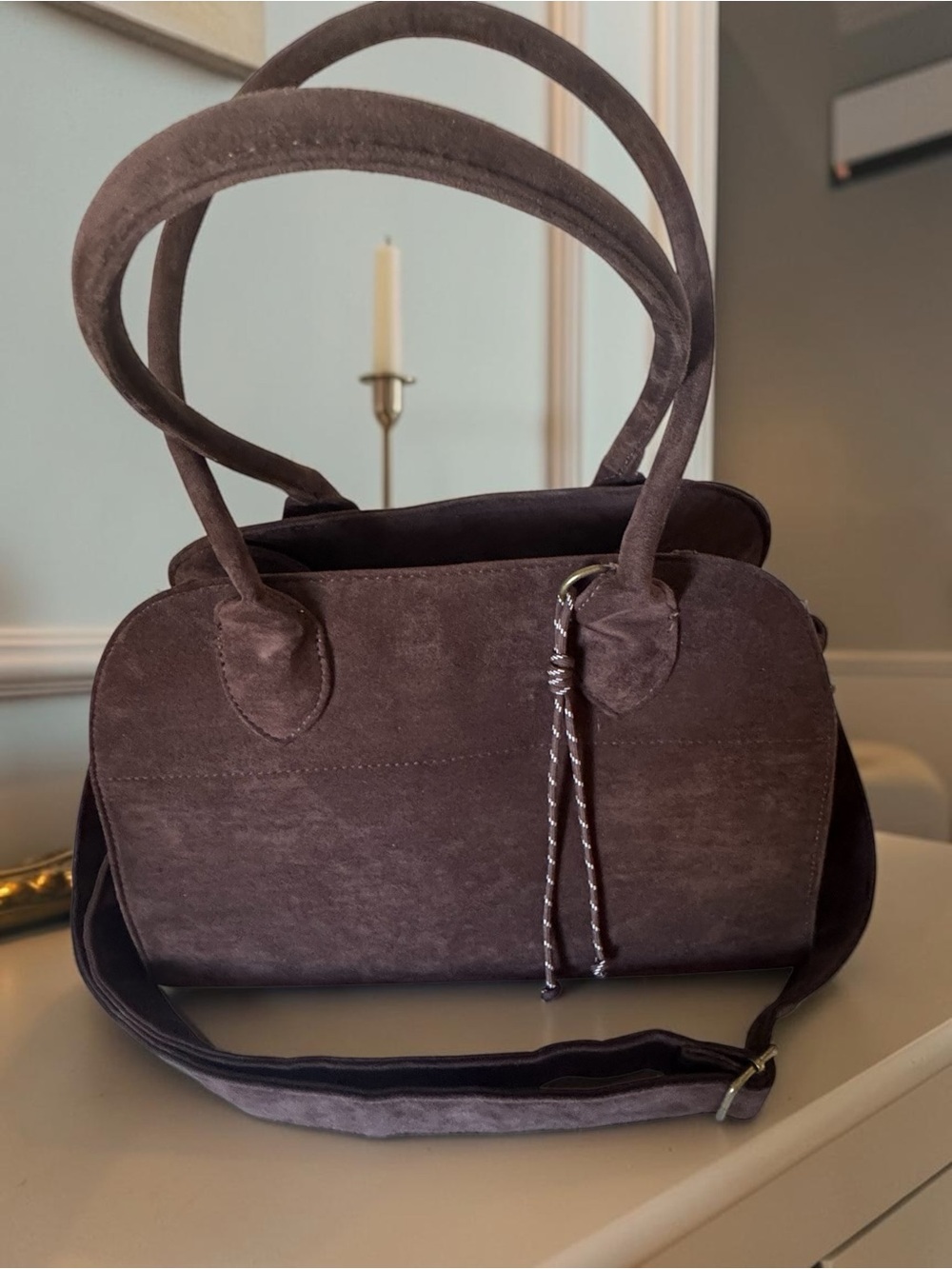 Stone Mountain Dark Brown Suede Satchel With Double Handles & Detachable Strap